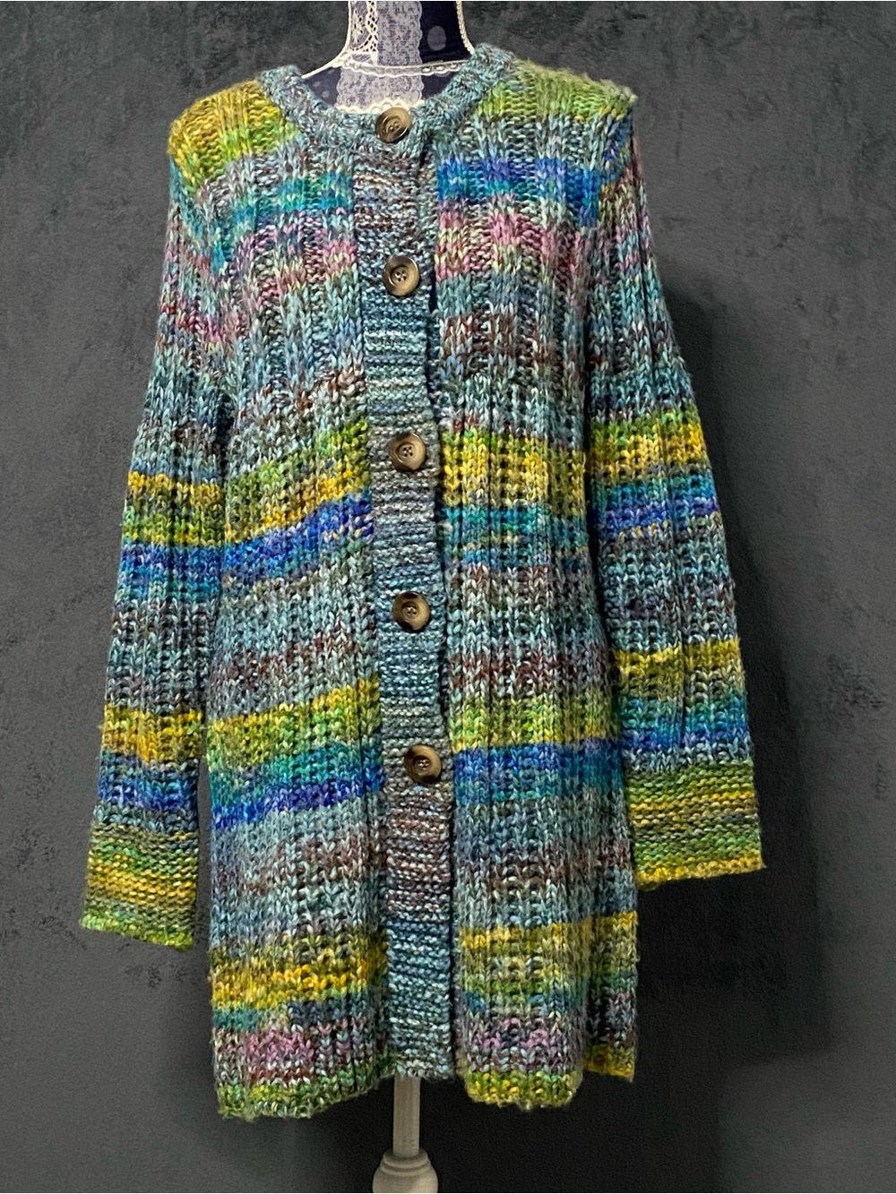 Sundance Cardigan Womens M Chunky Knit Multi-Colored Long Wool Blend Sweater